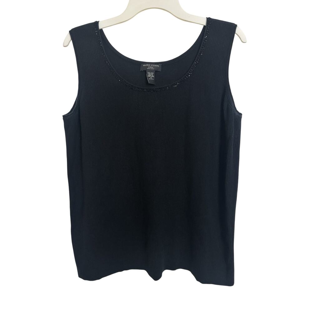 Y2K Black Rib Knit Beaded Trim Sleeveless Tank Top XL Pima Cotton